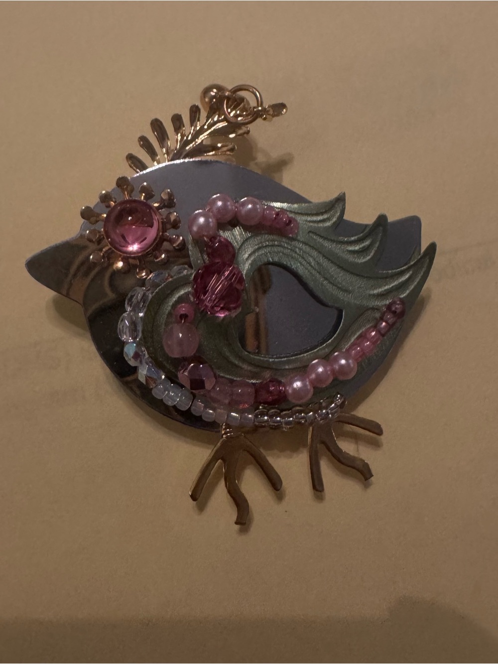 Pink Beaded Bird Brooch with Green Accent and Gold-Tone Details